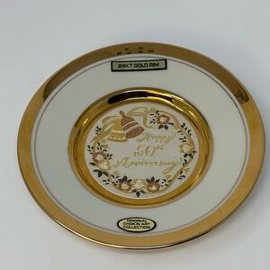 Original Chokin Art 50th Anniversary Decorative Plate - Gold and White Japan